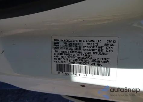 2013 Honda Odyssey Ex-L z USA, uszkodzony, nr VIN 5FNRL5H6XDB080547